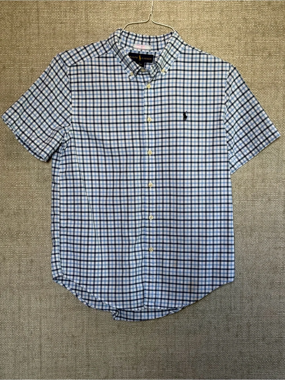 Ralph Lauren Blue and White Check Short-Sleeve Button-Down Shirt